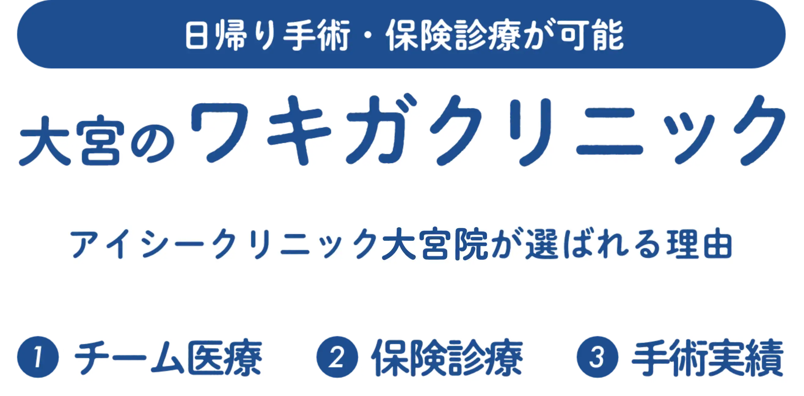 日帰り手術・保険診療が可能　上野のワキガクリニック　アイシークリニック上野院が選ばれる理由　①チーム医療　②保険診療　③手術実績