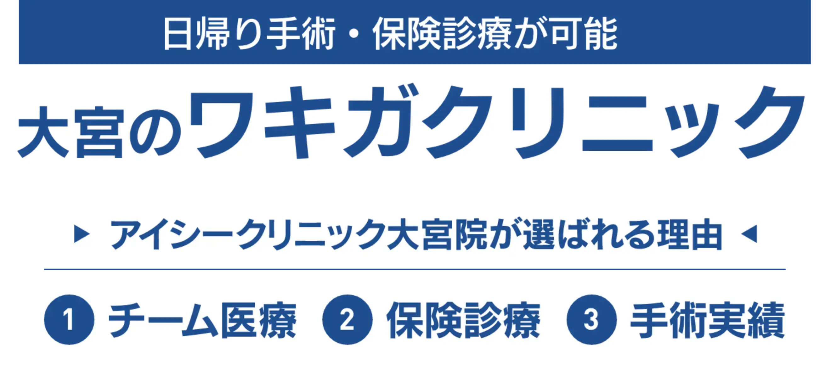 日帰り手術・保険診療が可能　上野のワキガクリニック　アイシークリニック上野院が選ばれる理由　①チーム医療　②保険診療　③手術実績